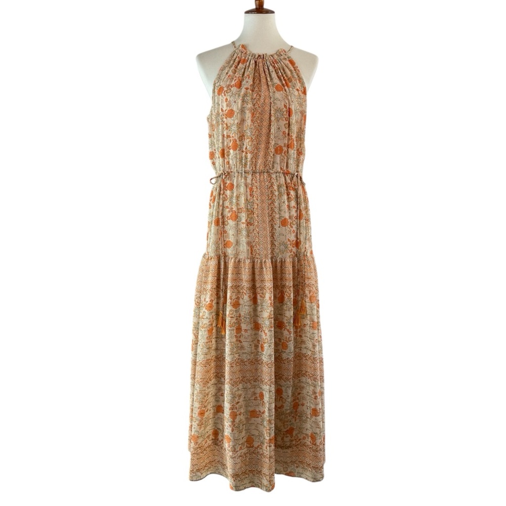 Taylor Orange Floral Halter Sleeveless Tiered Maxi Dress